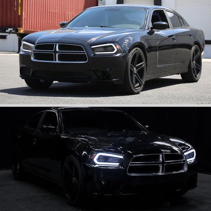 Ronnin - Se adapta a Dodge Charger 2011-2014, intermitentes secuenciales LED DRL con función de cambio de color + efecto de inicio animado, conjunto de faros delanteros halógenos con proyector, par | Negro