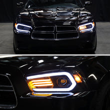 2011-2014 Dodge Charger LED DRL Switchback Sequential Turn Signals + Animated Startup Effect Halogen Projector Headlights Assembly Pair | Black