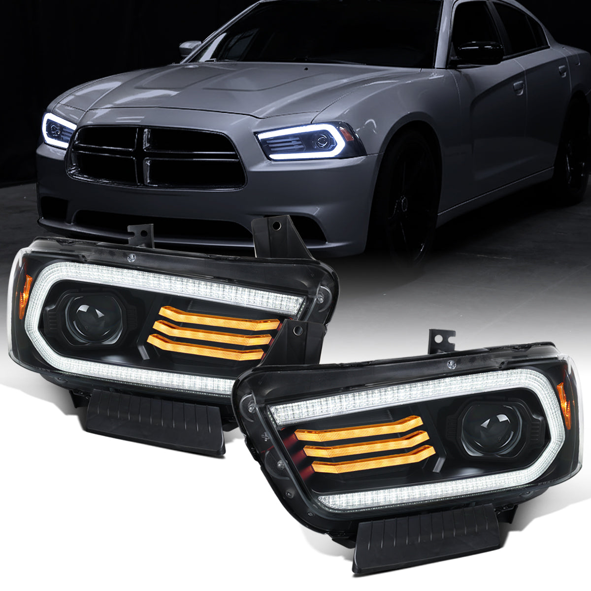 Ronnin - Se adapta a Dodge Charger 2011-2014, intermitentes secuenciales LED DRL con función de cambio de color + efecto de inicio animado, conjunto de faros delanteros halógenos con proyector, par | Negro