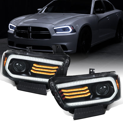 Ronnin - Se adapta a Dodge Charger 2011-2014, intermitentes secuenciales LED DRL con función de cambio de color + efecto de inicio animado, conjunto de faros delanteros halógenos con proyector, par | Negro