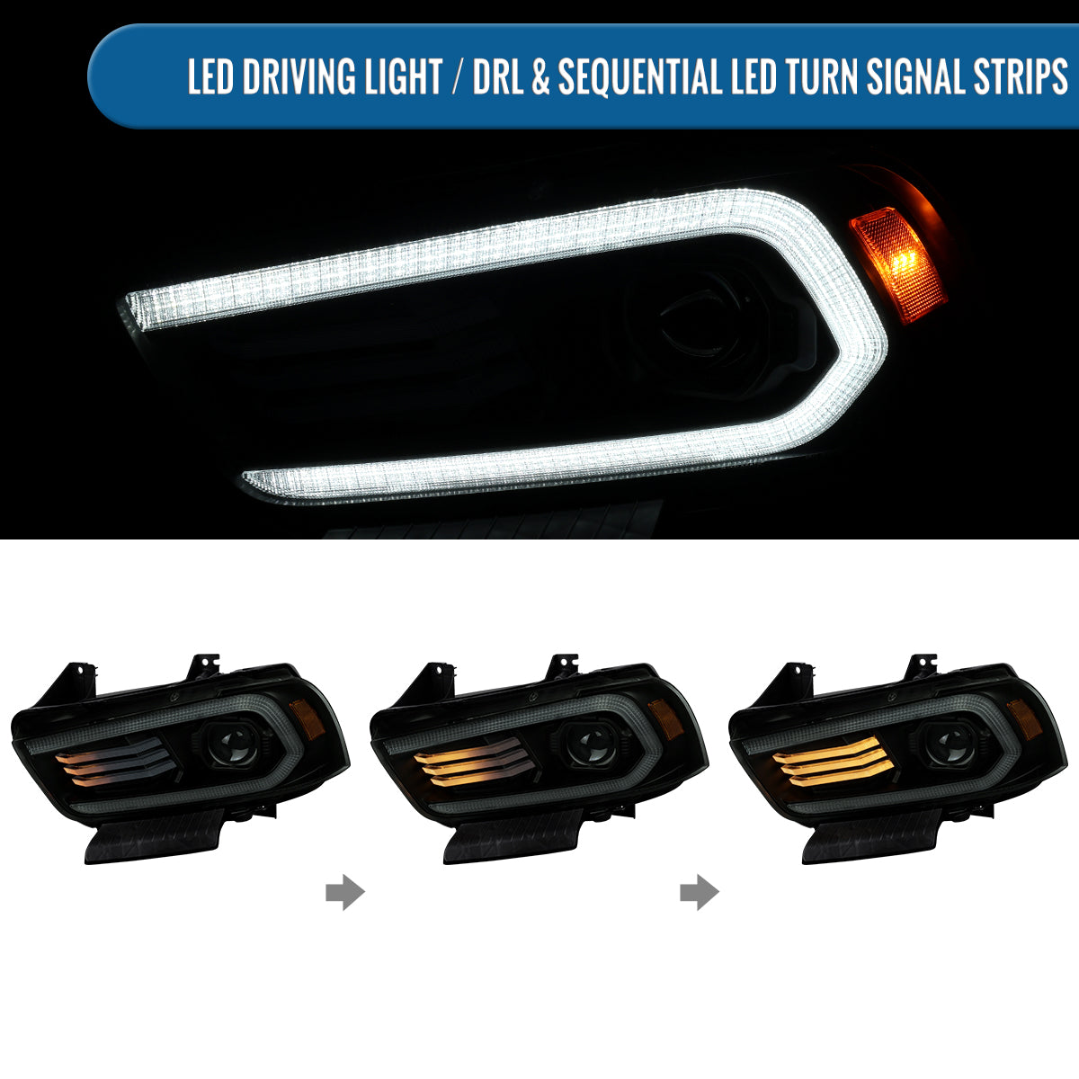 Ronnin - Se adapta a Dodge Charger 2011-2014 Faros delanteros halógenos con proyector y señales de giro secuenciales LED DRL con efecto de arranque animado | Par negro ahumado