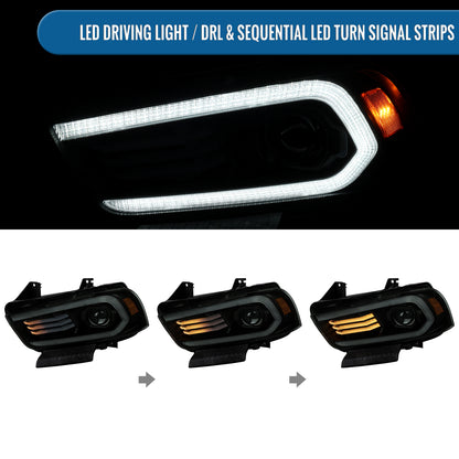 Ronnin - Se adapta a Dodge Charger 2011-2014 Faros delanteros halógenos con proyector y señales de giro secuenciales LED DRL con efecto de arranque animado | Par negro ahumado