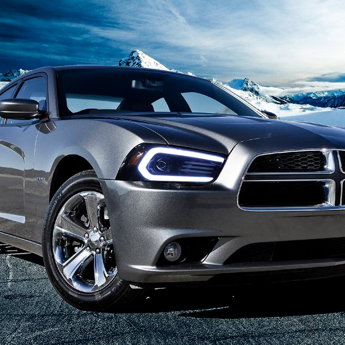 Ronnin - Se adapta a Dodge Charger 2011-2014 Faros delanteros halógenos con proyector y señales de giro secuenciales LED DRL con efecto de arranque animado | Par negro ahumado