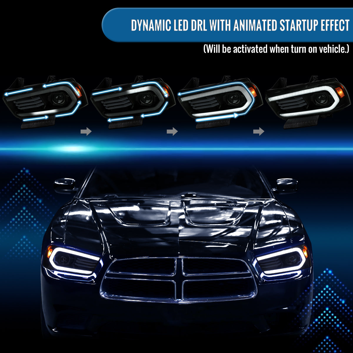 Ronnin - Se adapta a Dodge Charger 2011-2014 Faros delanteros halógenos con proyector y señales de giro secuenciales LED DRL con efecto de arranque animado | Par negro ahumado