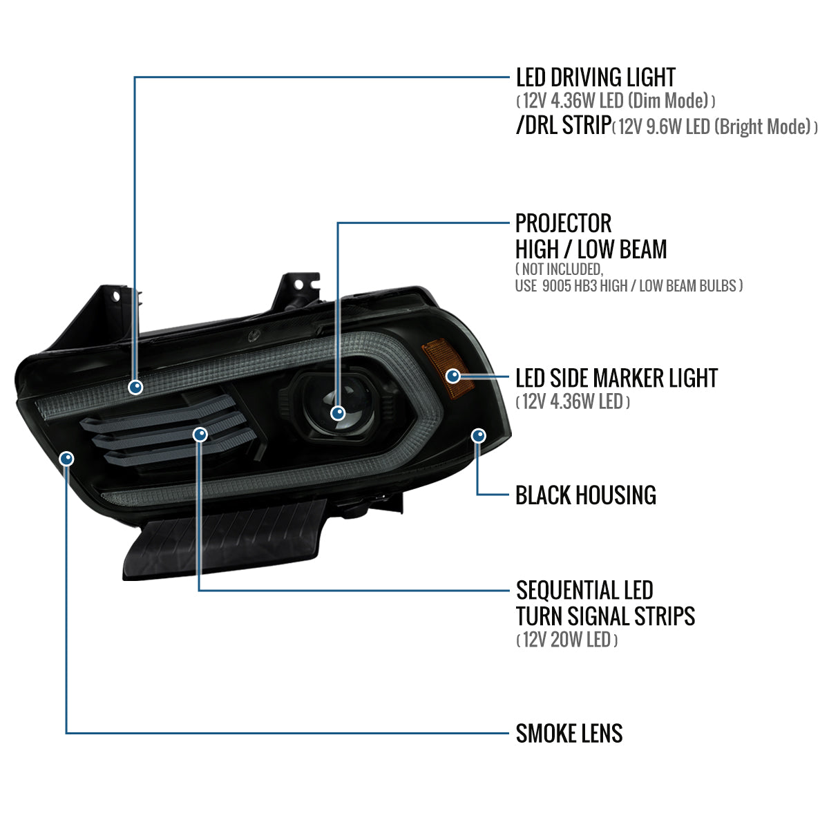 Ronnin - Se adapta a Dodge Charger 2011-2014 Faros delanteros halógenos con proyector y señales de giro secuenciales LED DRL con efecto de arranque animado | Par negro ahumado