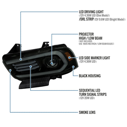 Ronnin - Se adapta a Dodge Charger 2011-2014 Faros delanteros halógenos con proyector y señales de giro secuenciales LED DRL con efecto de arranque animado | Par negro ahumado