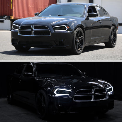 Ronnin - Se adapta a Dodge Charger 2011-2014 Faros delanteros halógenos con proyector y señales de giro secuenciales LED DRL con efecto de arranque animado | Par negro ahumado