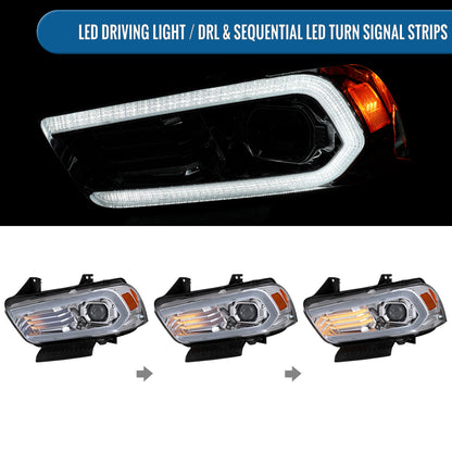 Ronnin - Faros delanteros con proyector halógeno y luz diurna LED DRL secuencial, intermitentes Switchback y efecto de inicio animado para Dodge Charger 2011-2014, par | Cromo