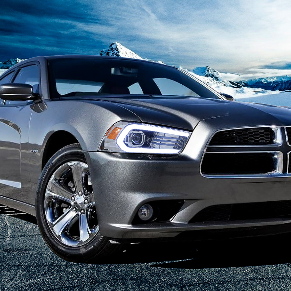 Ronnin - Faros delanteros con proyector halógeno y luz diurna LED DRL secuencial, intermitentes Switchback y efecto de inicio animado para Dodge Charger 2011-2014, par | Cromo