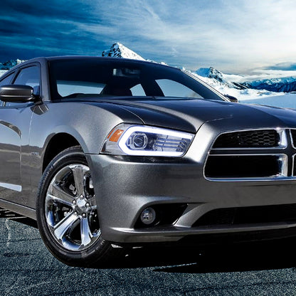 Ronnin - Faros delanteros con proyector halógeno y luz diurna LED DRL secuencial, intermitentes Switchback y efecto de inicio animado para Dodge Charger 2011-2014, par | Cromo