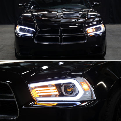 Ronnin - Faros delanteros con proyector halógeno y luz diurna LED DRL secuencial, intermitentes Switchback y efecto de inicio animado para Dodge Charger 2011-2014, par | Cromo