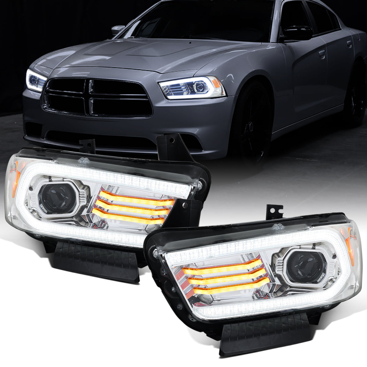 Ronnin - Faros delanteros con proyector halógeno y luz diurna LED DRL secuencial, intermitentes Switchback y efecto de inicio animado para Dodge Charger 2011-2014, par | Cromo