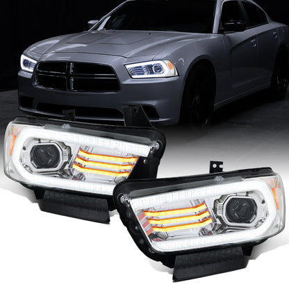 Ronnin - Faros delanteros con proyector halógeno y luz diurna LED DRL secuencial, intermitentes Switchback y efecto de inicio animado para Dodge Charger 2011-2014, par | Cromo