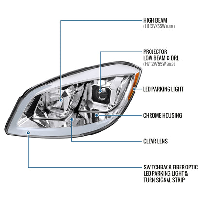Ronnin - Fits 2005-2010 Chevy Cobalt Pontiac G5 Pursuit Upgraded Replacement LED Turn Signals Switchback Parking Square Shrouds Projector Headlights Assembly Pair | Chrome