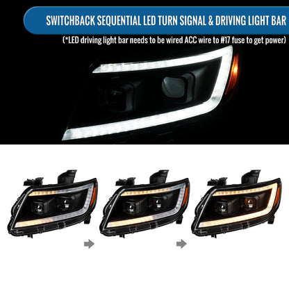 Ronnin - Compatible con Chevy Colorado 2015-2022 Luces direccionales secuenciales de tubo LED Switchback + Par de proyectores de faros delanteros con efecto de inicio animado | Negro