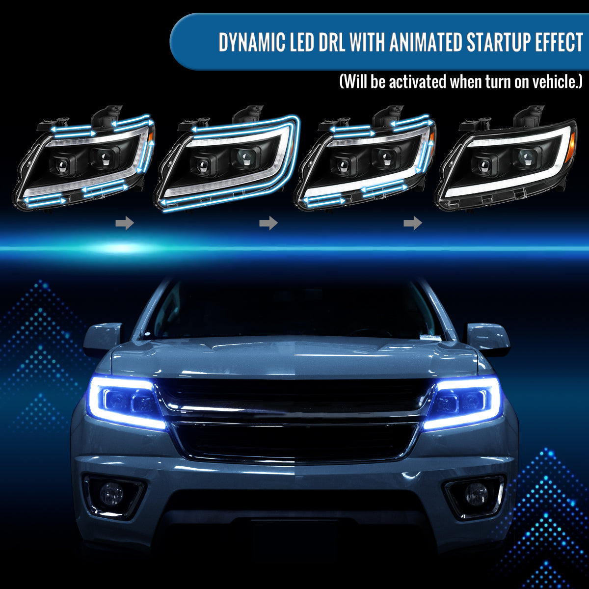 Ronnin - Compatible con Chevy Colorado 2015-2022 Luces direccionales secuenciales de tubo LED Switchback + Par de proyectores de faros delanteros con efecto de inicio animado | Negro