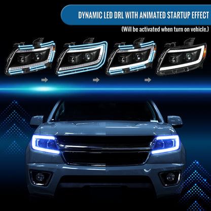 Ronnin - Compatible con Chevy Colorado 2015-2022 Luces direccionales secuenciales de tubo LED Switchback + Par de proyectores de faros delanteros con efecto de inicio animado | Negro