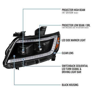 Ronnin - Compatible con Chevy Colorado 2015-2022 Luces direccionales secuenciales de tubo LED Switchback + Par de proyectores de faros delanteros con efecto de inicio animado | Negro