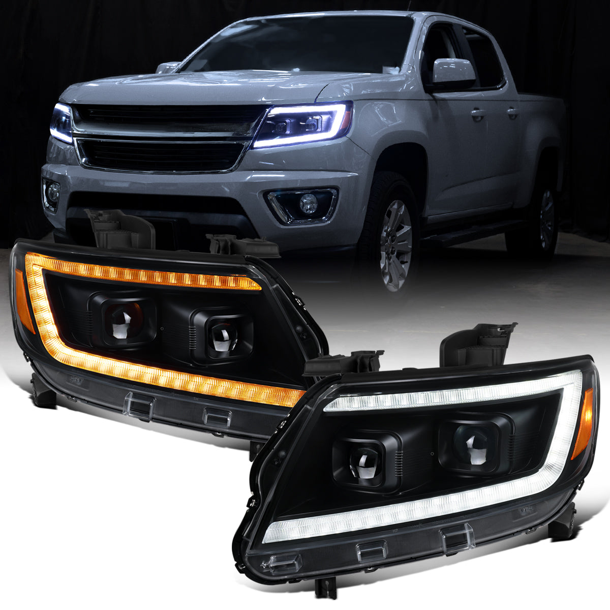 Ronnin - Compatible con Chevy Colorado 2015-2022 Luces direccionales secuenciales de tubo LED Switchback + Par de proyectores de faros delanteros con efecto de inicio animado | Negro