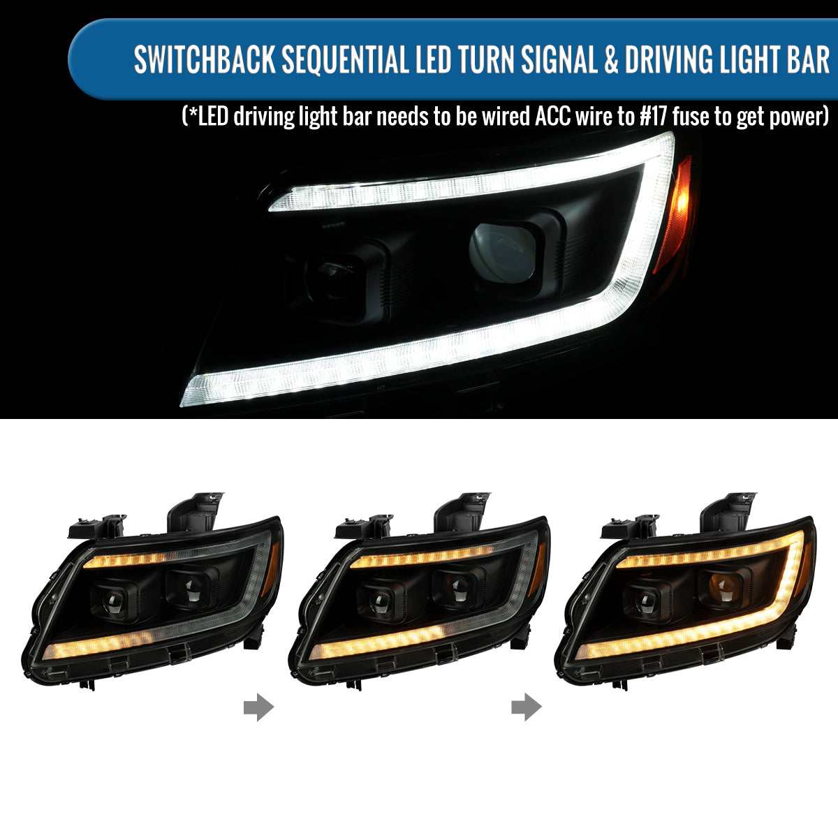 Ronnin - Se adapta a Chevy Colorado 2015-2022 Luces direccionales secuenciales de tubo LED con interruptor + Conjunto de faros delanteros con proyector de efecto de inicio animado Par | Negro Ahumado