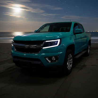 Ronnin - Se adapta a Chevy Colorado 2015-2022 Luces direccionales secuenciales de tubo LED con interruptor + Conjunto de faros delanteros con proyector de efecto de inicio animado Par | Negro Ahumado