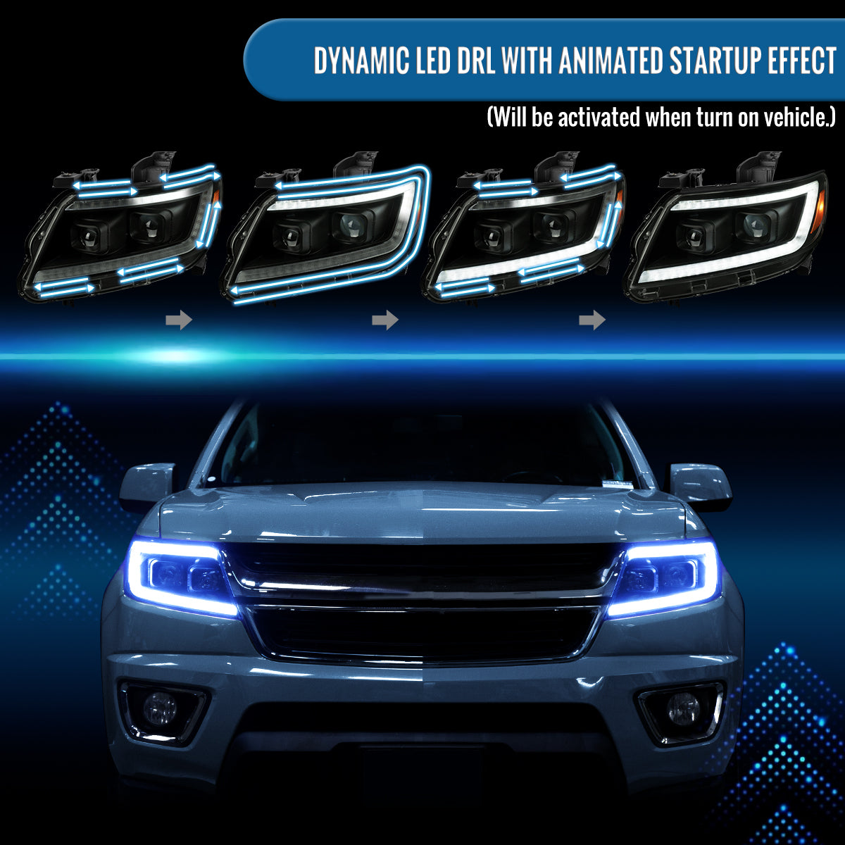 Ronnin - Se adapta a Chevy Colorado 2015-2022 Luces direccionales secuenciales de tubo LED con interruptor + Conjunto de faros delanteros con proyector de efecto de inicio animado Par | Negro Ahumado