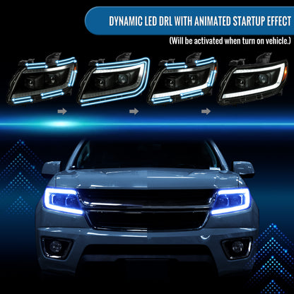 Ronnin - Se adapta a Chevy Colorado 2015-2022 Luces direccionales secuenciales de tubo LED con interruptor + Conjunto de faros delanteros con proyector de efecto de inicio animado Par | Negro Ahumado