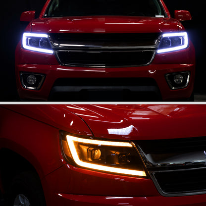 Ronnin - Se adapta a Chevy Colorado 2015-2022 Luces direccionales secuenciales de tubo LED con interruptor + Conjunto de faros delanteros con proyector de efecto de inicio animado Par | Negro Ahumado