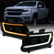 Ronnin - Se adapta a Chevy Colorado 2015-2022 Luces direccionales secuenciales de tubo LED con interruptor + Conjunto de faros delanteros con proyector de efecto de inicio animado Par | Negro Ahumado