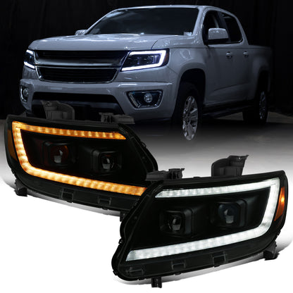 Ronnin - Se adapta a Chevy Colorado 2015-2022 Luces direccionales secuenciales de tubo LED con interruptor + Conjunto de faros delanteros con proyector de efecto de inicio animado Par | Negro Ahumado