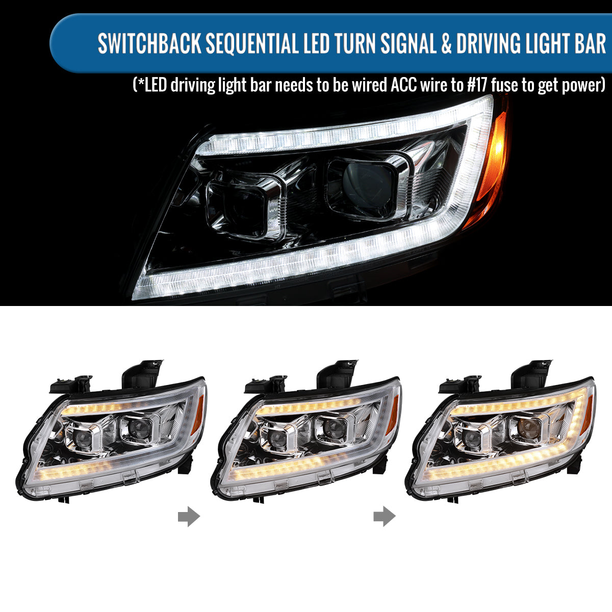 Ronnin - Se adapta a Chevy Colorado 2015-2022 Luces direccionales secuenciales de tubo LED Switchback + Par de ensamblajes de faros proyectores con efecto de inicio animado | Cromado