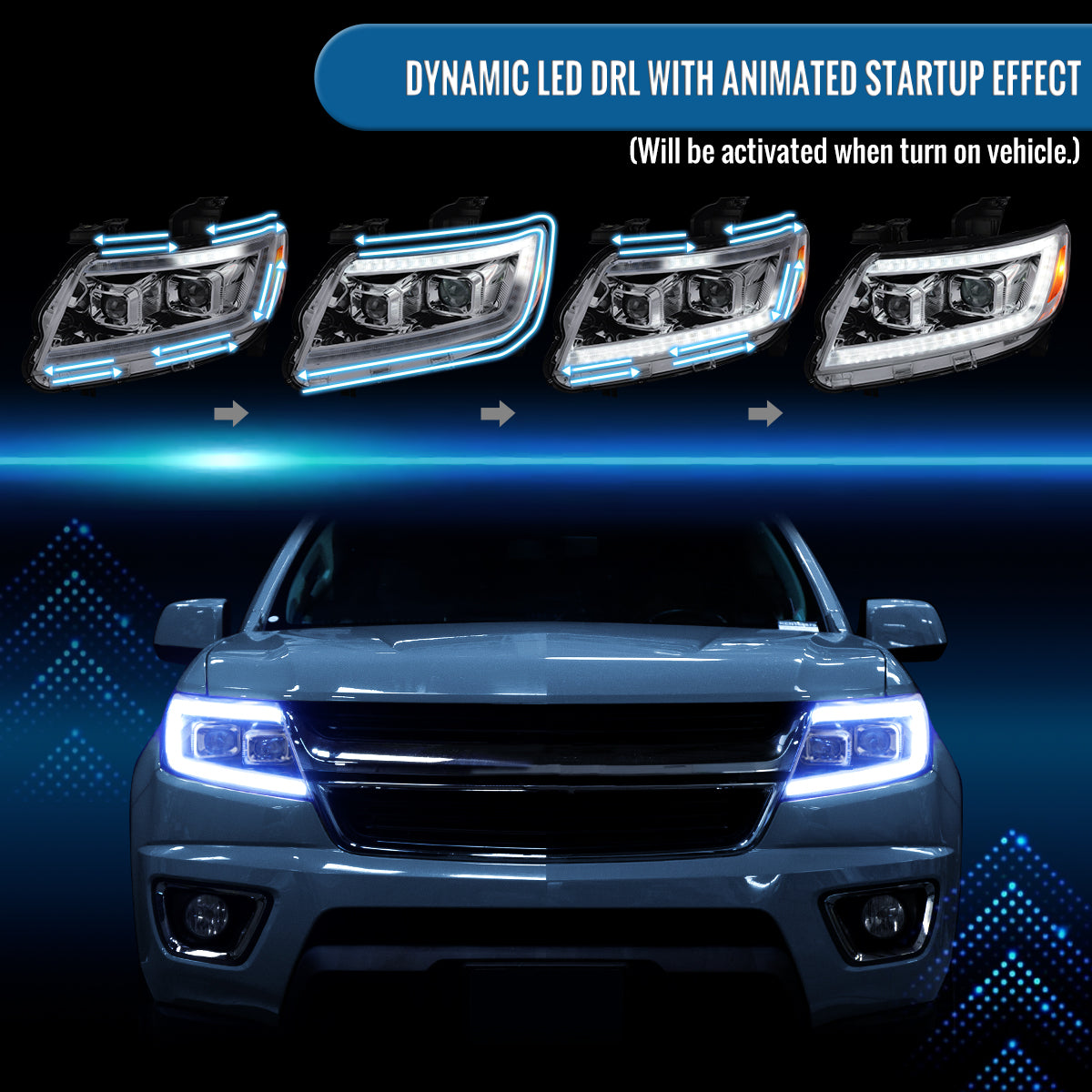 Ronnin - Se adapta a Chevy Colorado 2015-2022 Luces direccionales secuenciales de tubo LED Switchback + Par de ensamblajes de faros proyectores con efecto de inicio animado | Cromado