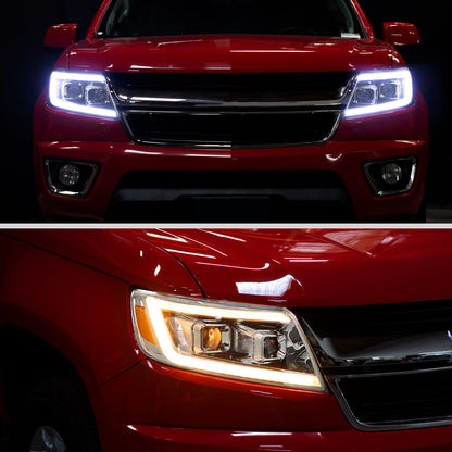 Ronnin - Se adapta a Chevy Colorado 2015-2022 Luces direccionales secuenciales de tubo LED Switchback + Par de ensamblajes de faros proyectores con efecto de inicio animado | Cromado