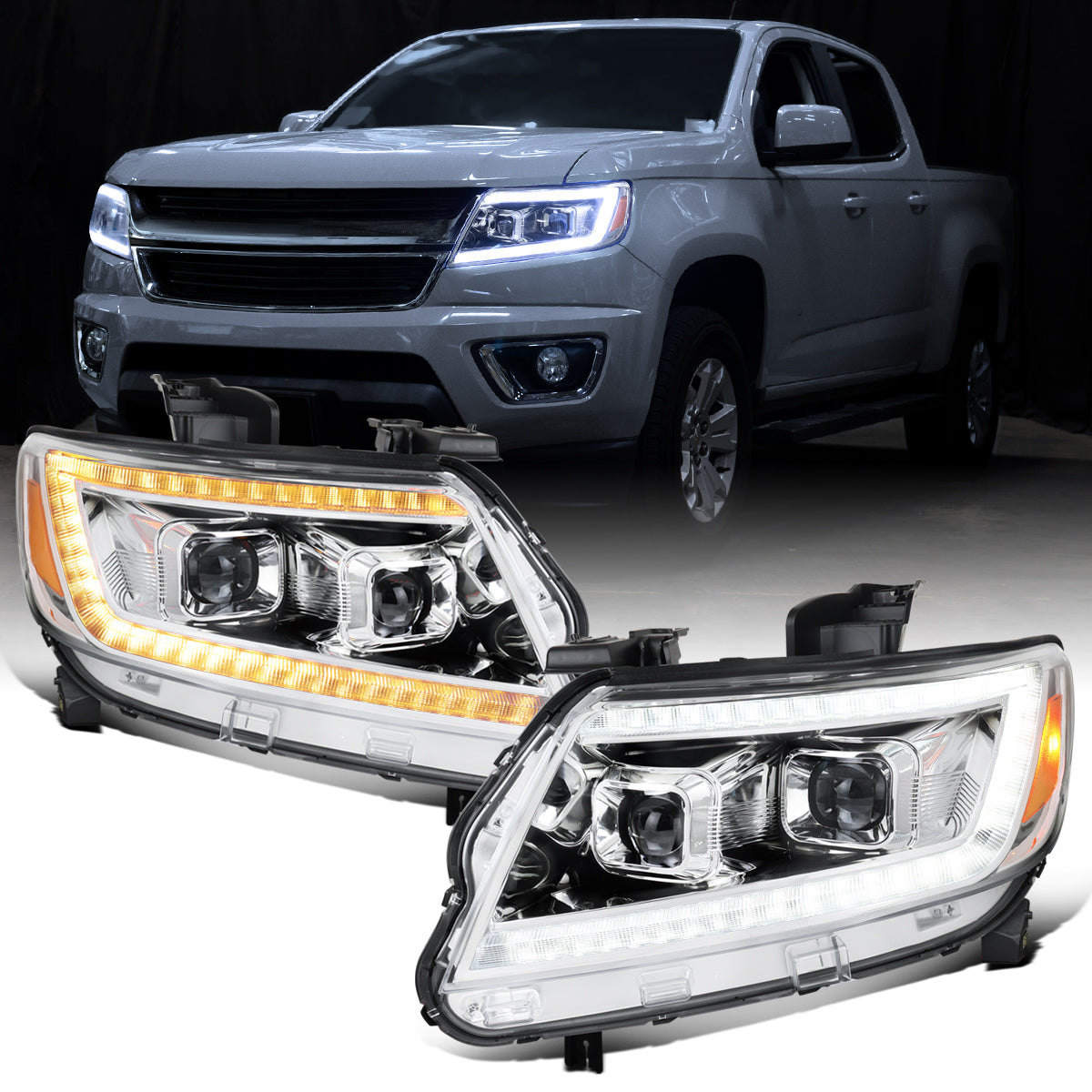 Ronnin - Se adapta a Chevy Colorado 2015-2022 Luces direccionales secuenciales de tubo LED Switchback + Par de ensamblajes de faros proyectores con efecto de inicio animado | Cromado