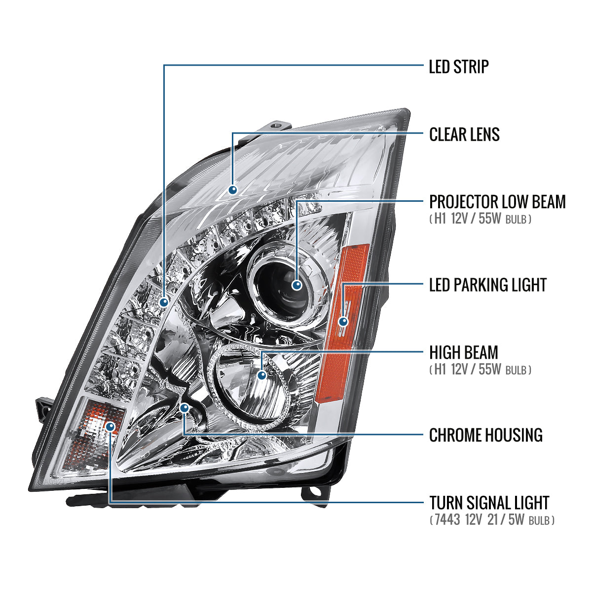 Ronnin - Compatible con Cadillac CTS 2008-2014, faros delanteros con proyector de halógeno y luz LED de repuesto mejorada, par | Cromo