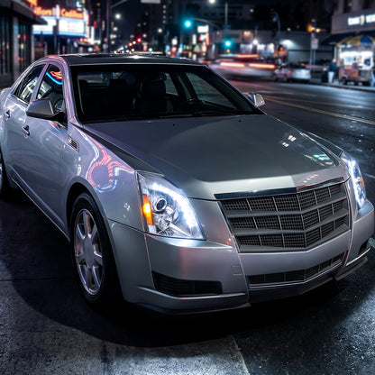 Ronnin - Compatible con Cadillac CTS 2008-2014, faros delanteros con proyector de halógeno y luz LED de repuesto mejorada, par | Cromo