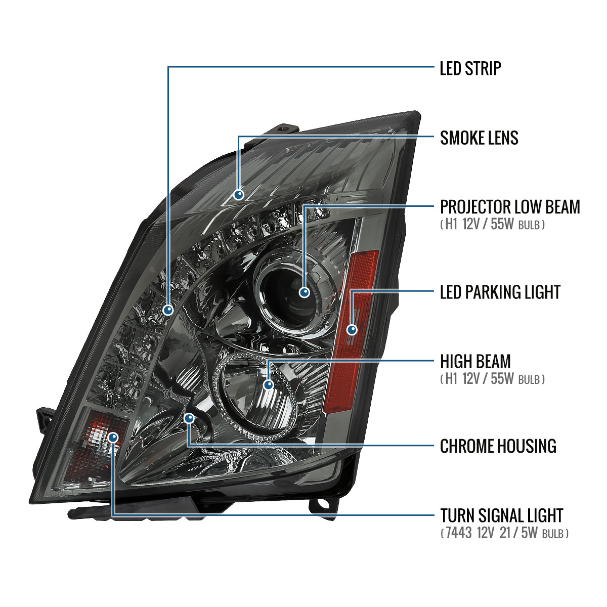 Ronnin - Compatible con Cadillac CTS 2008-2014, faros delanteros con proyector de halógeno y luz LED mejorada (par) | Ahumado