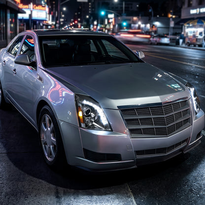 Ronnin - Compatible con Cadillac CTS 2008-2014, faros delanteros con proyector de halógeno y luz LED mejorada (par) | Ahumado