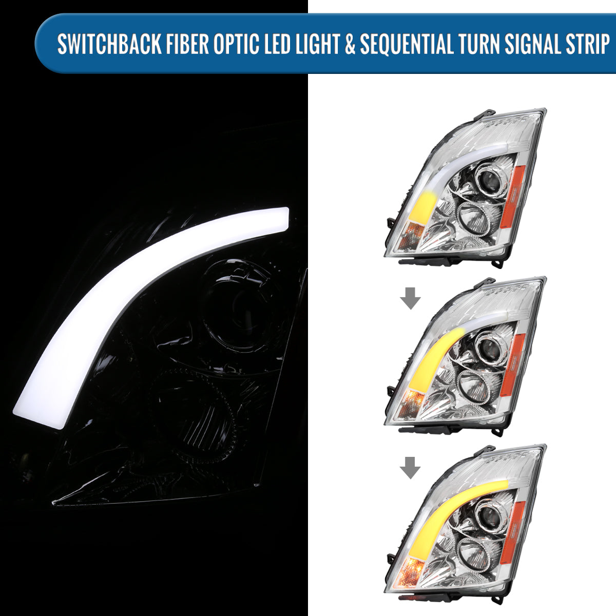 Ronnin - Fits 2008-2014 Cadillac CTS Upgraded Replacement LED Tube Switchback Sequential Turn Signal Halogen Projector Headlights Assembly Pair | Chrome