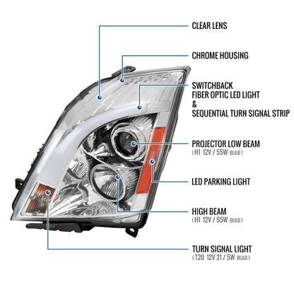 Ronnin - Fits 2008-2014 Cadillac CTS Upgraded Replacement LED Tube Switchback Sequential Turn Signal Halogen Projector Headlights Assembly Pair | Chrome