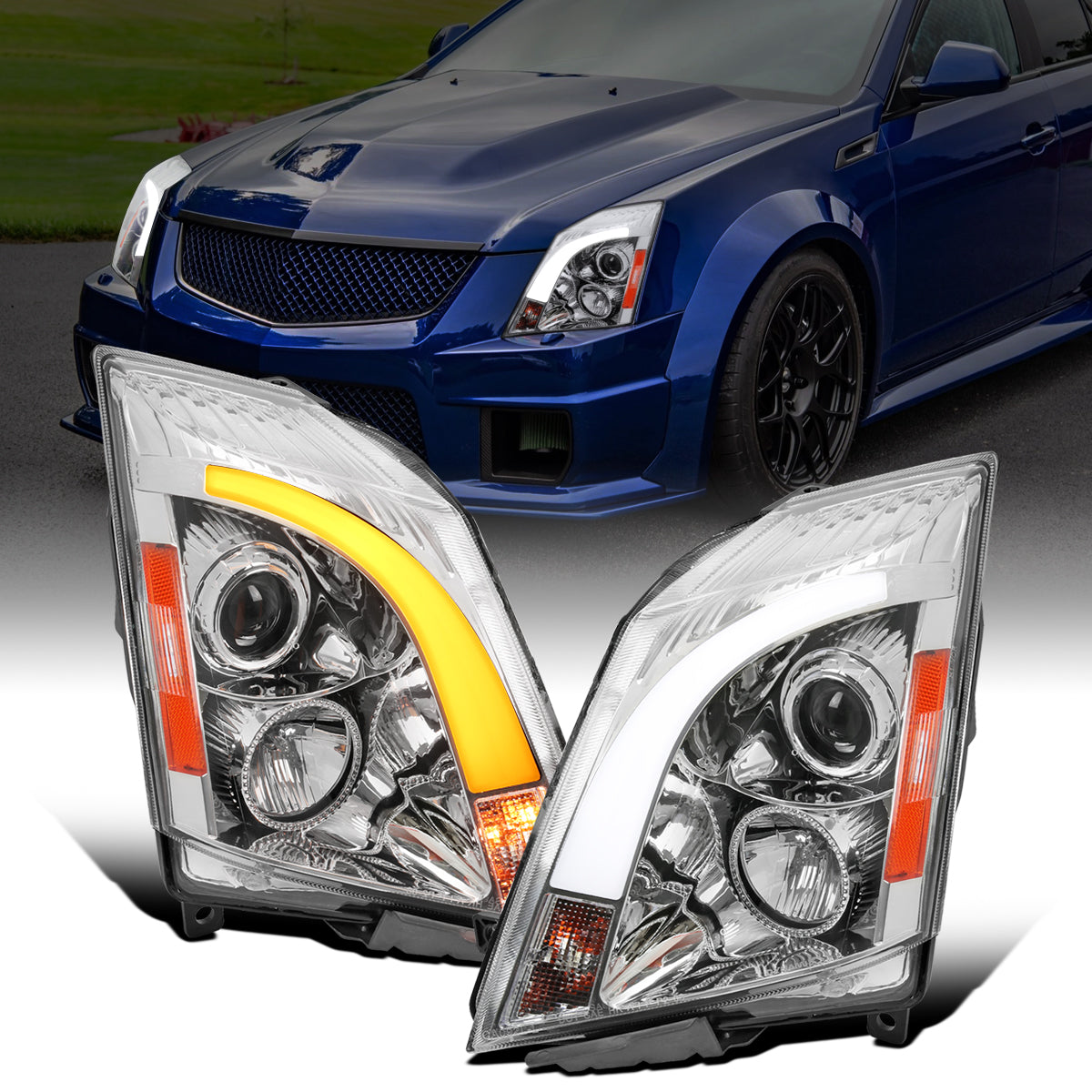 Ronnin - Compatible con Cadillac CTS 2008-2014, faros delanteros con proyector de halógeno, tubo LED mejorado, señal de giro secuencial, par de montaje | Cromado