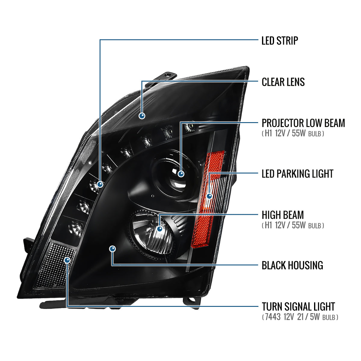 Ronnin - Se adapta a Cadillac CTS 2008-2014, par de faros delanteros con proyector de halógeno y luz LED de repuesto mejorada | Negro