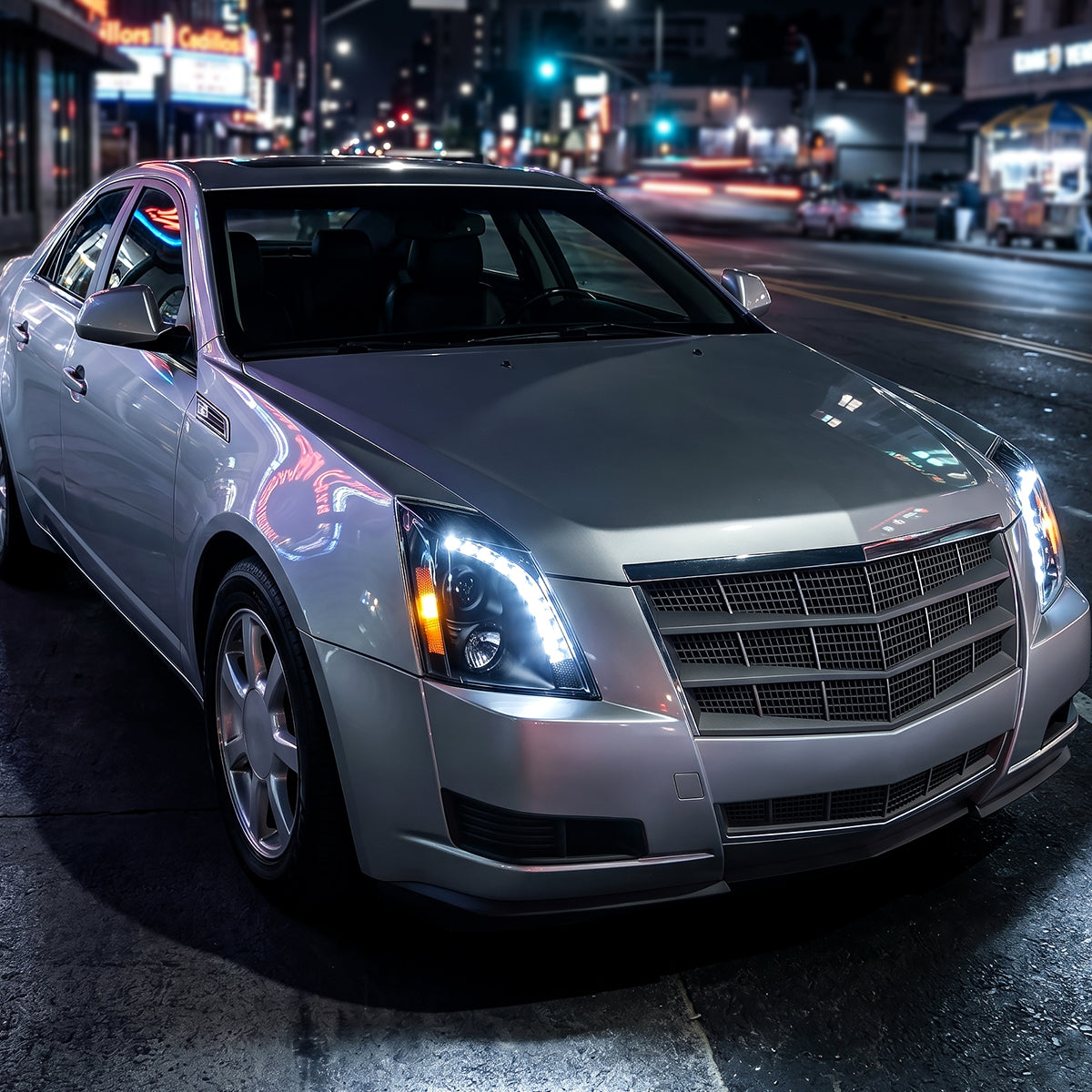Ronnin - Se adapta a Cadillac CTS 2008-2014, par de faros delanteros con proyector de halógeno y luz LED de repuesto mejorada | Negro