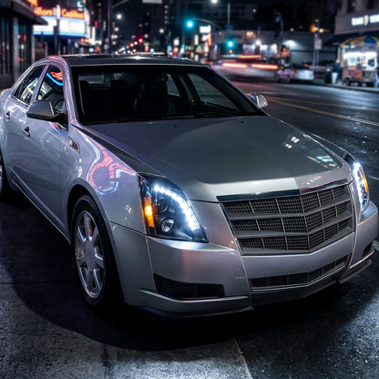 Ronnin - Se adapta a Cadillac CTS 2008-2014, par de faros delanteros con proyector de halógeno y luz LED de repuesto mejorada | Negro