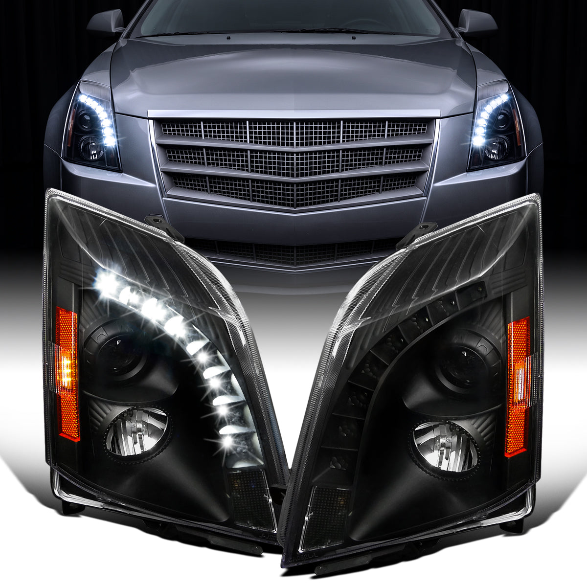Ronnin - Se adapta a Cadillac CTS 2008-2014, par de faros delanteros con proyector de halógeno y luz LED de repuesto mejorada | Negro