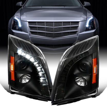 Ronnin - Se adapta a Cadillac CTS 2008-2014, par de faros delanteros con proyector de halógeno y luz LED de repuesto mejorada | Negro