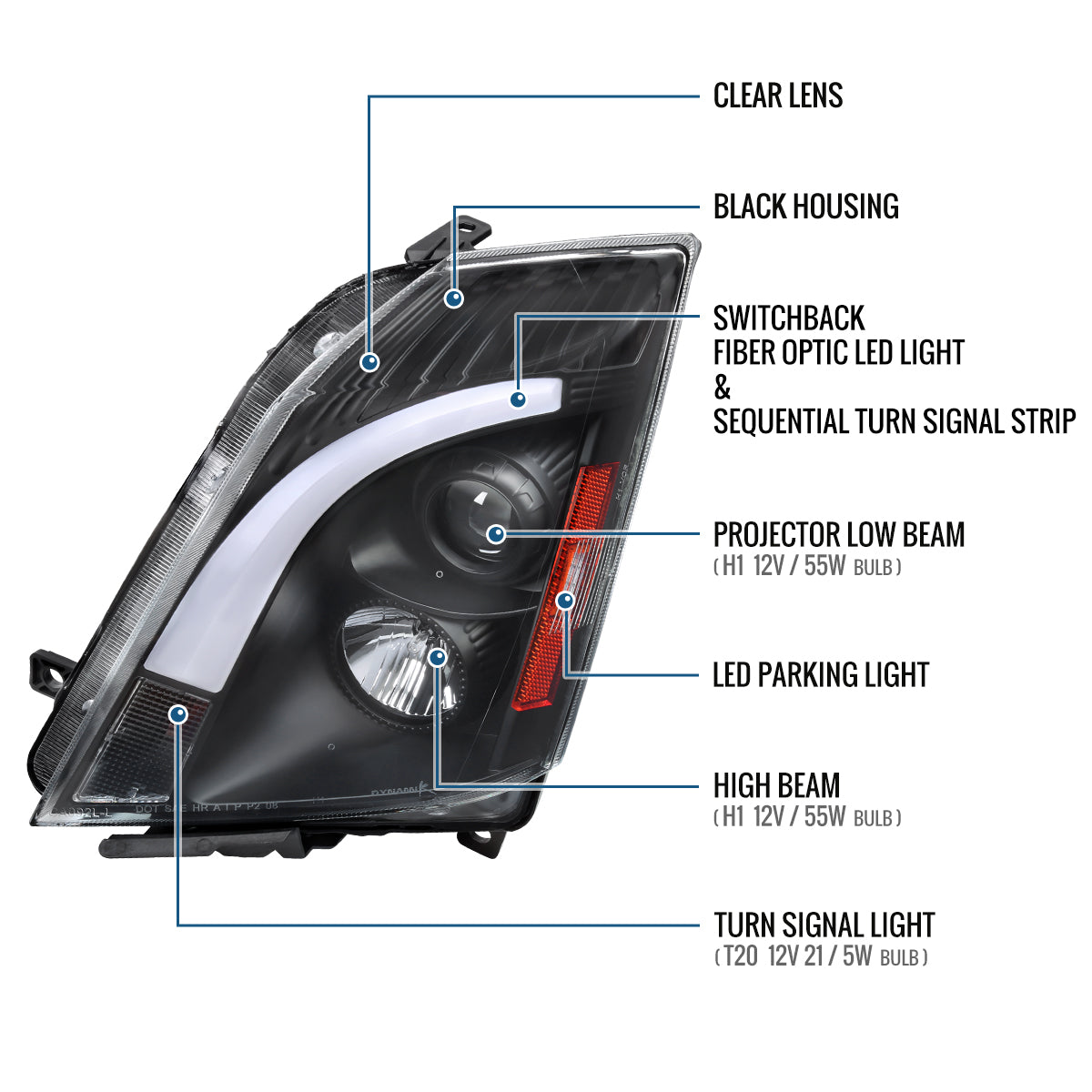 Ronnin - Fits 2008-2014 Cadillac CTS Upgraded Replacement LED Tube Switchback Sequential Turn Signal Halogen Projector Headlights Assembly Pair | Black