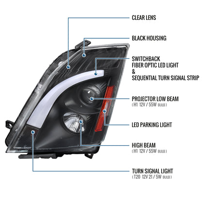 Ronnin - Fits 2008-2014 Cadillac CTS Upgraded Replacement LED Tube Switchback Sequential Turn Signal Halogen Projector Headlights Assembly Pair | Black