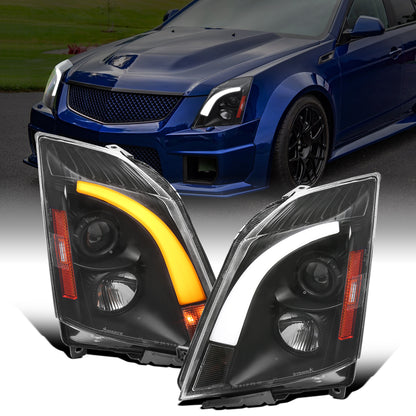 Ronnin - Fits 2008-2014 Cadillac CTS Upgraded Replacement LED Tube Switchback Sequential Turn Signal Halogen Projector Headlights Assembly Pair | Black