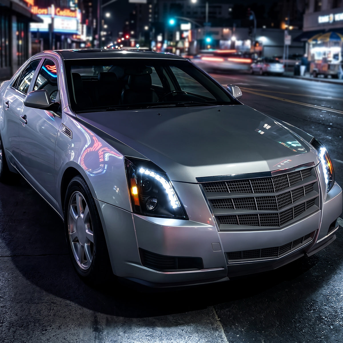 Ronnin - Se adapta a 2008-2014 Cadillac CTS Par de faros delanteros con proyector halógeno y luz LED de repuesto mejorada | Negro ahumado